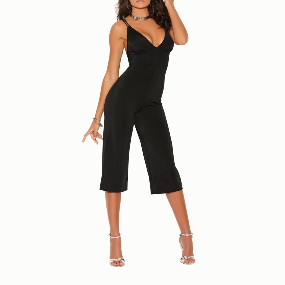 Black Deep V Lycra Jumpsuit Wide Leg Romper - Picture 4 of 9